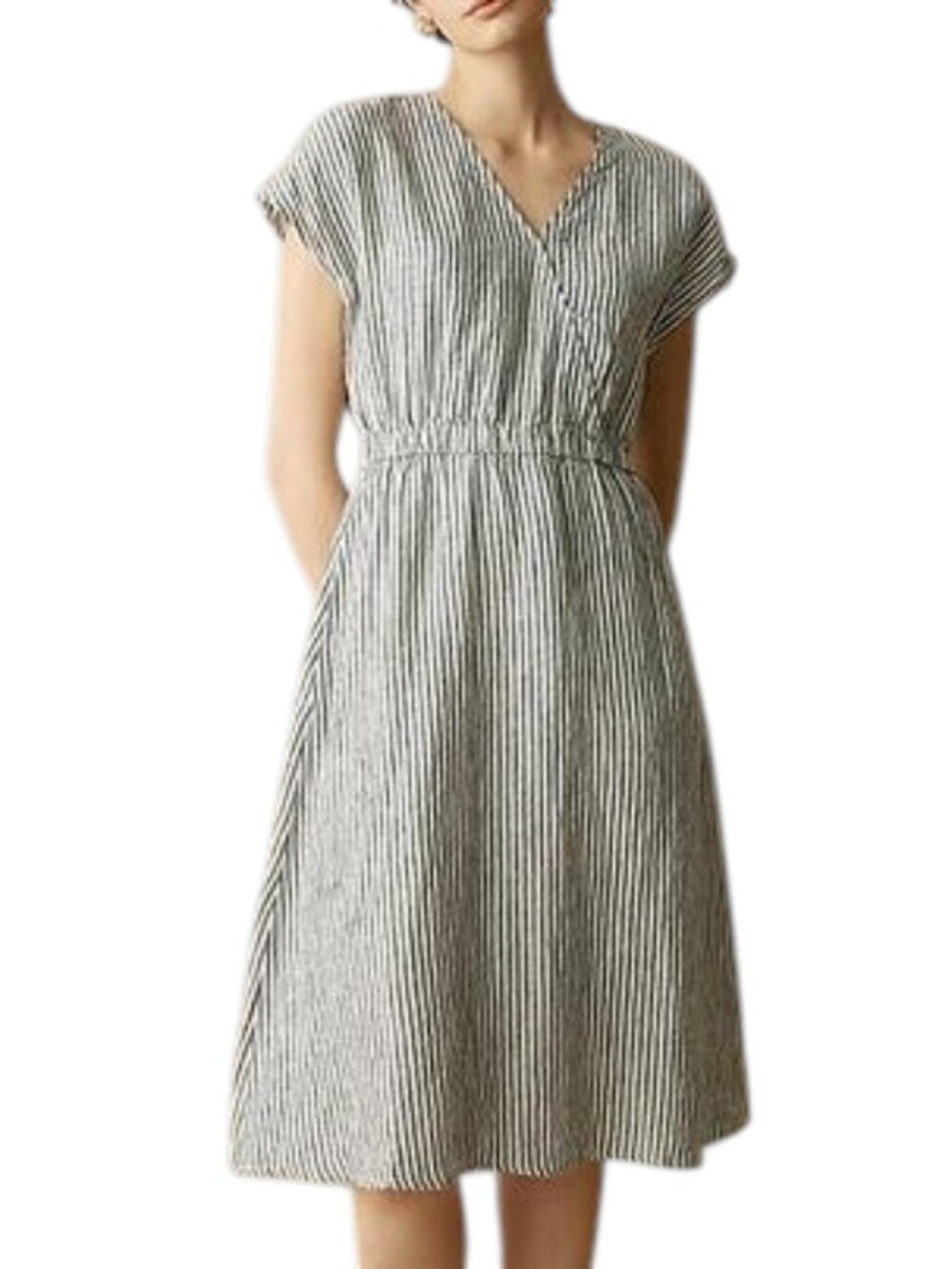 Grae Cove Women's Size L Striped Linen Elastic Waist Black White Midi Dress